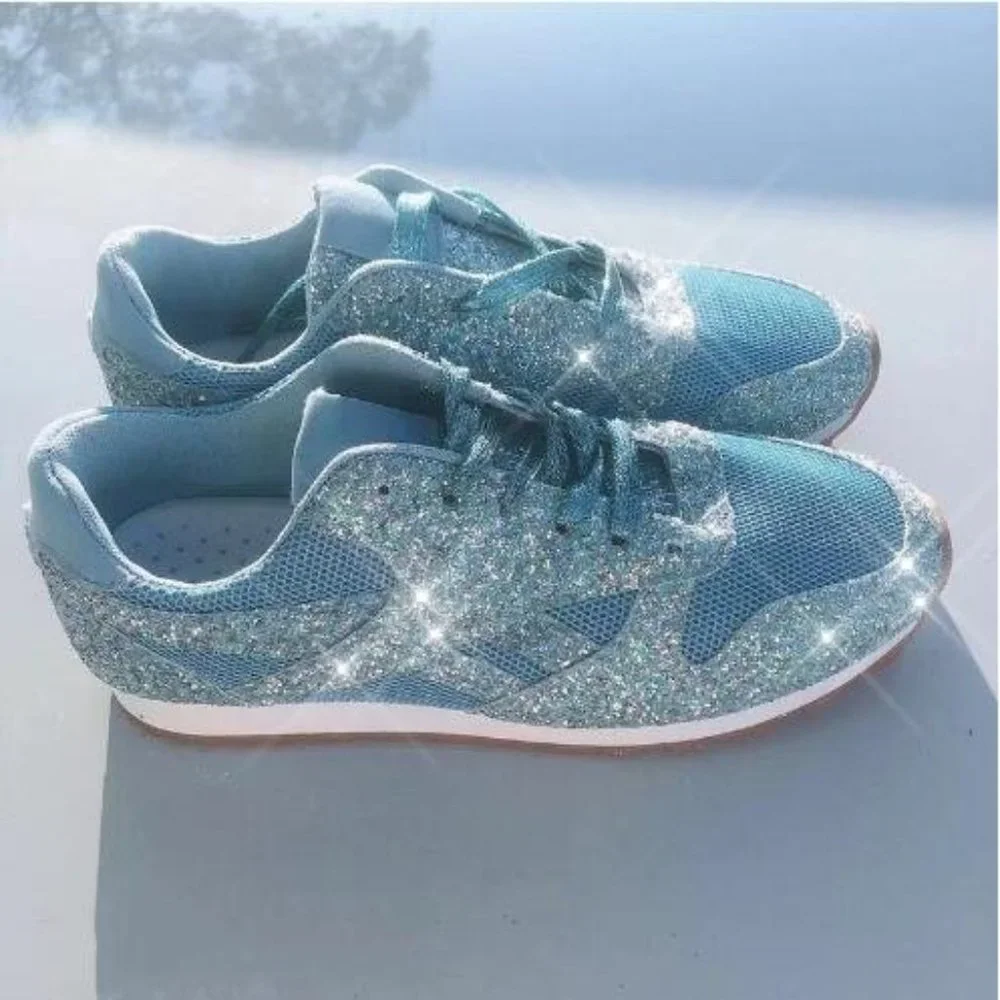 NEW Sparkling Bling Glitter Sneakers Athletic Sports Shoes: Blue + FREE … - Picture 5 of 12